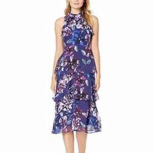 NEW Vince Camuto Women Midi Dress Floral Blue Purple Elegance Size 10